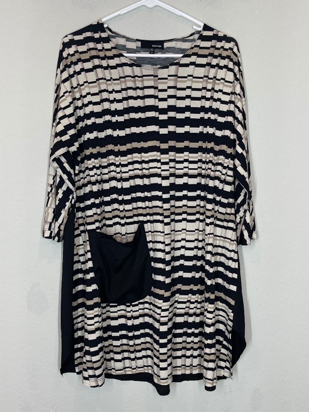 Sun Kim Tunic Top Women's Size S Striped Pattern 3/4 Sleeve Lagenlook Pocket